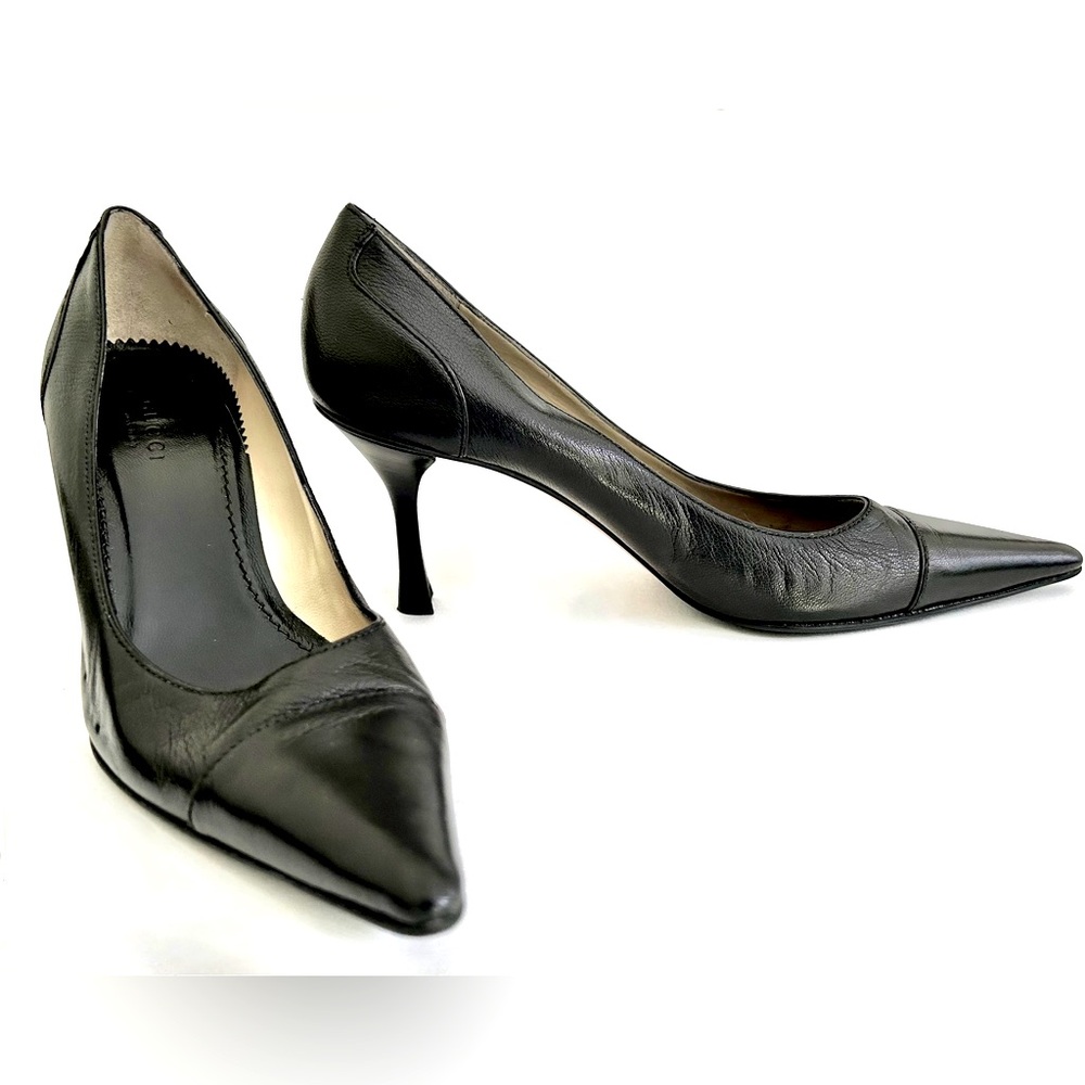 Gucci Pointed Toe Pumps/Kitten Heels, Leather; Gucci 115157 Pump, Black, Size 7